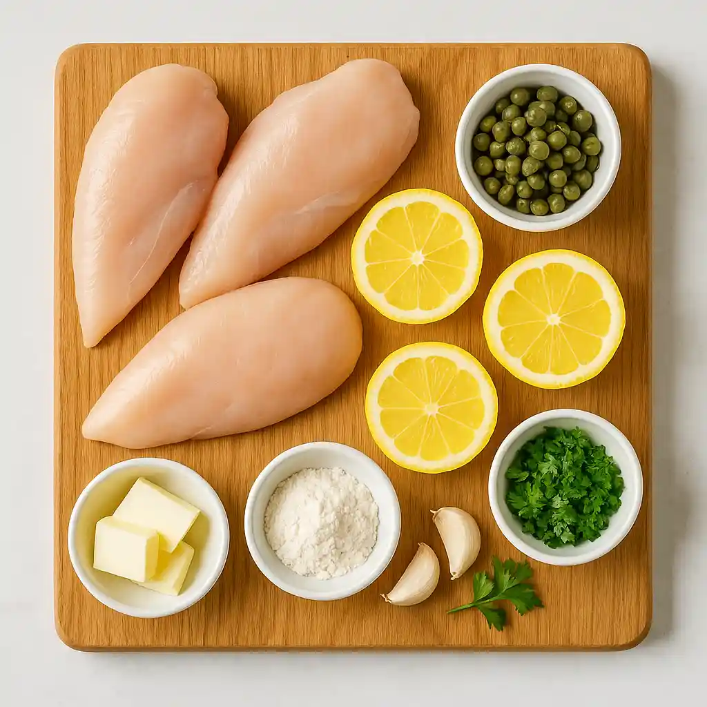 lemon_caper_chicken_piccata_ingredients Ingredients for lemon caper chicken piccata arranged in small bowls