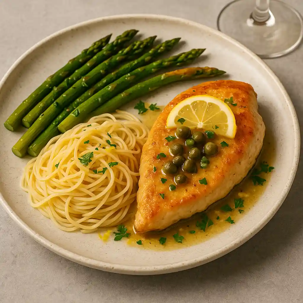 lemon_caper_chicken_piccata_serving_plated Plated lemon caper chicken piccata with pasta and asparagus