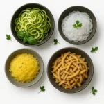 Modern low carb pasta alternatives in elegant ceramic bowls