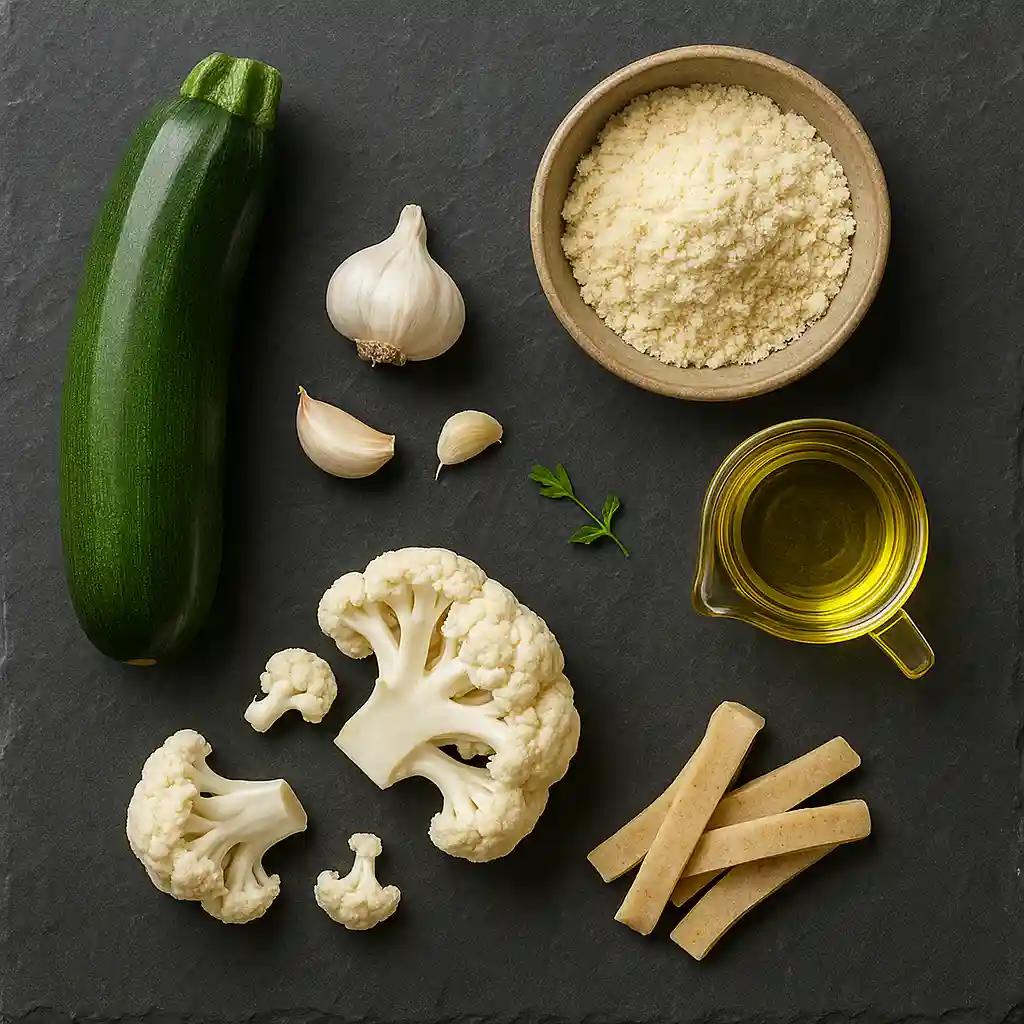low_carb_pasta_health_ingredients_modern Ingredients for making healthy low carb pasta shown in a modern flat-lay