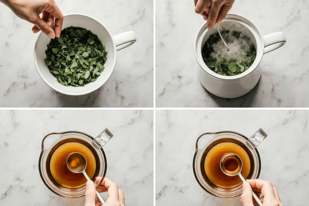 making-lemon-balm-recipe-steps A four-image collage showing the step-by-step process of making the lemon balm recipe.