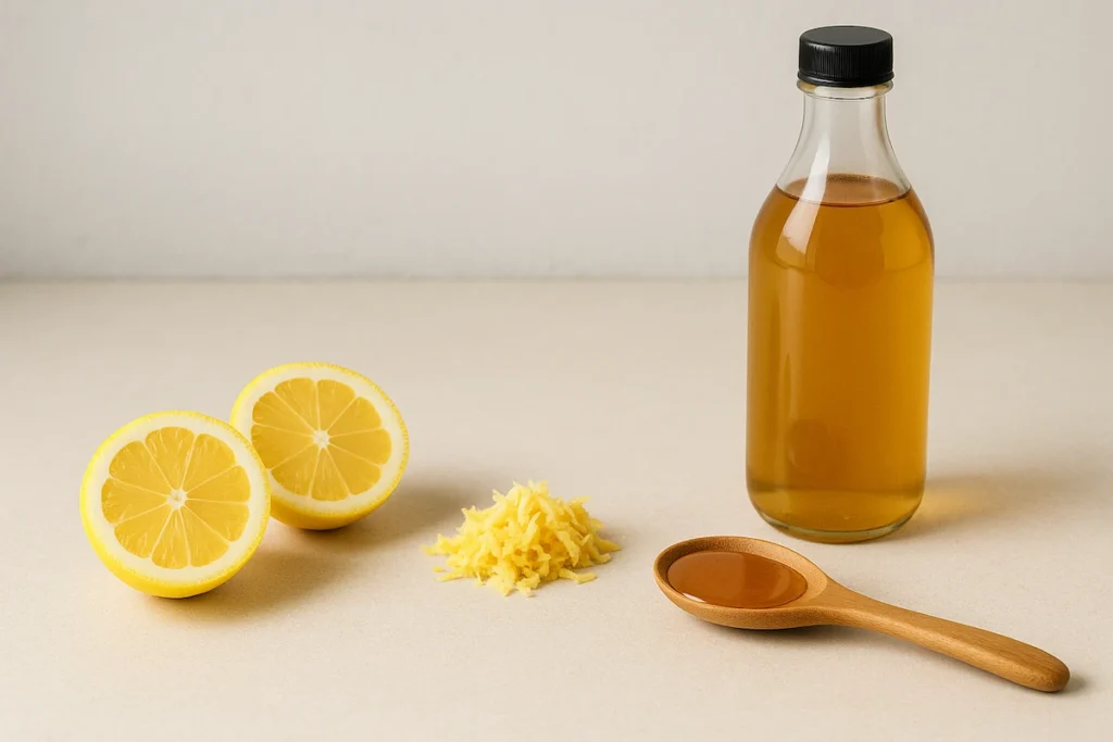 natural_mounjaro_ingredients_kitchen_counter Fresh ingredients for natural detox drink: lemon, ginger, vinegar, and honey