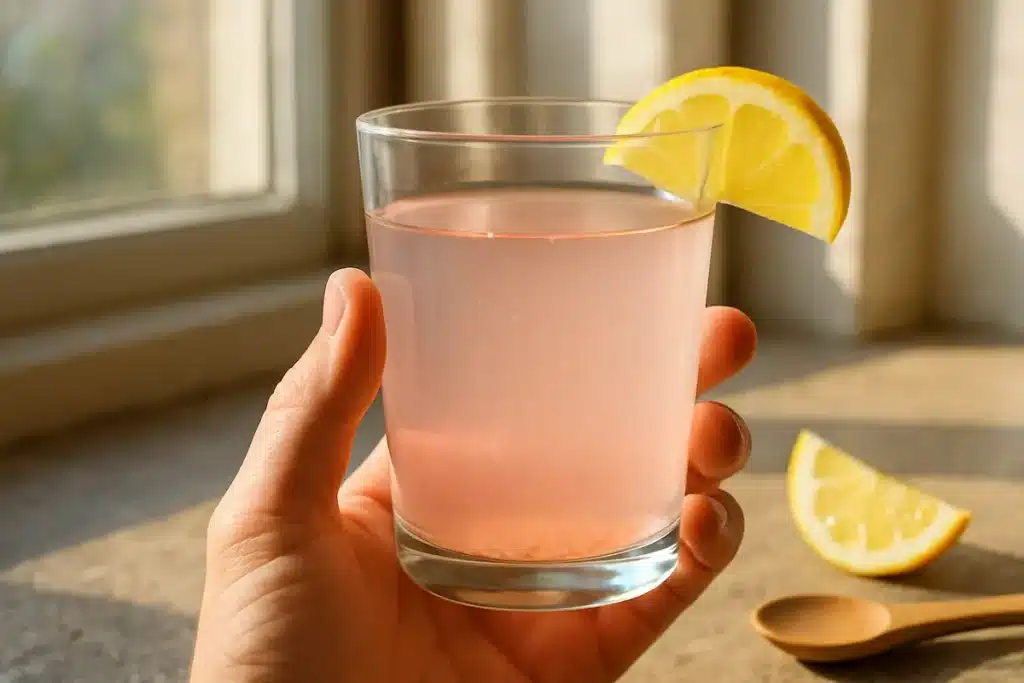 pink_salt_drink_serving_moment Pink salt drink held in hand by a sunny window, ready to enjoy.