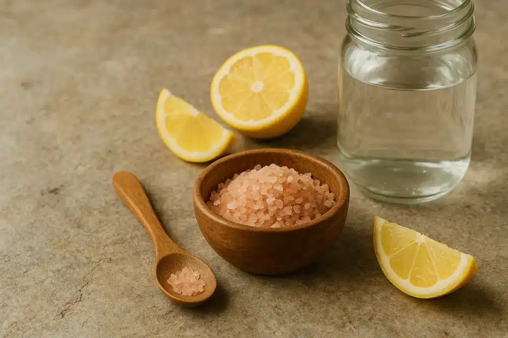 pink_salt_ingredients_flat_lay_display Flat lay of pink Himalayan salt, lemon, water jar, and wooden spoon for pink salt recipe.