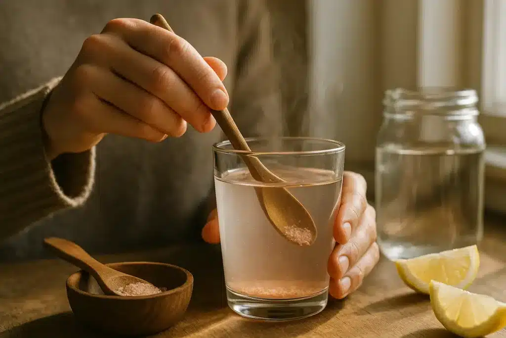 pink_salt_preparation_step_by_step Chef stirring pink salt into warm water using wooden spoon for morning wellness drink.