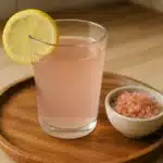 Pink salt recipe for weight loss served in a glass with lemon slice on a tray.