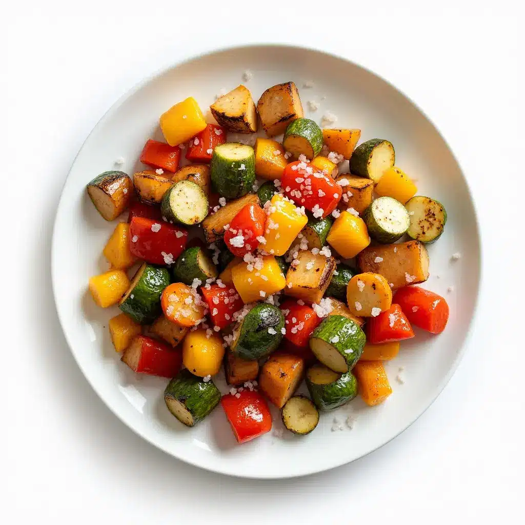roasted_vegetables_pink_salt_serving roasted vegetables with coarse pink Himalayan salt