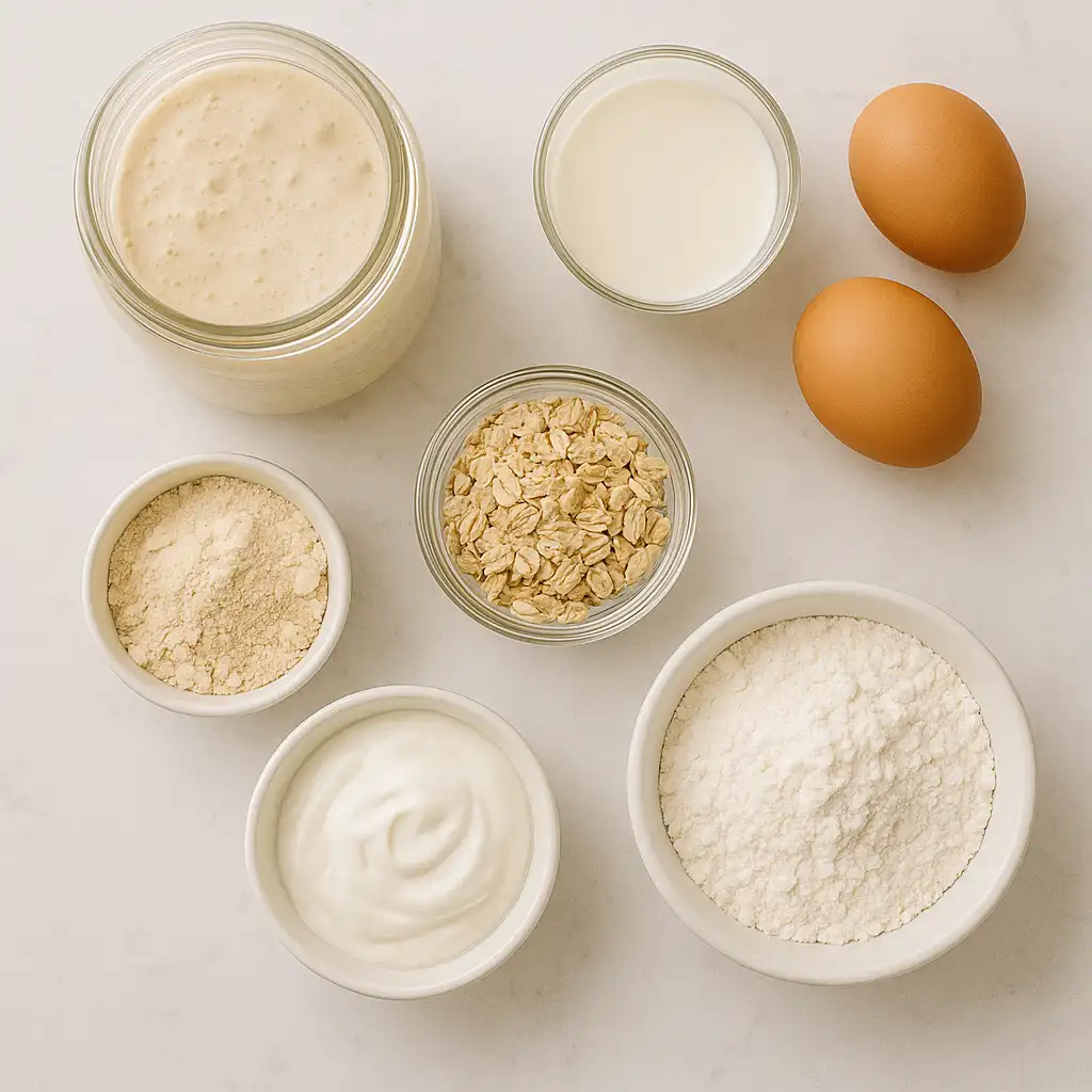 sourdough_protein_pancakes_ingredients sourdough protein pancake ingredients on table