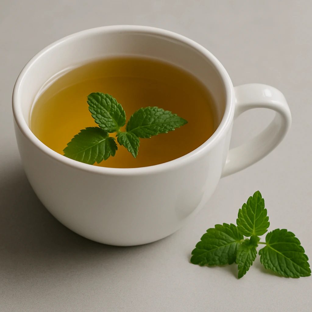 warm_lemon_balm_tea_in_ceramic_cup Warm lemon balm recipe served in a ceramic cup with fresh herbs