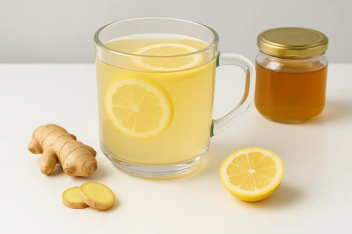 Warm natural detox drink with lemon, ginger, and honey on rustic table
