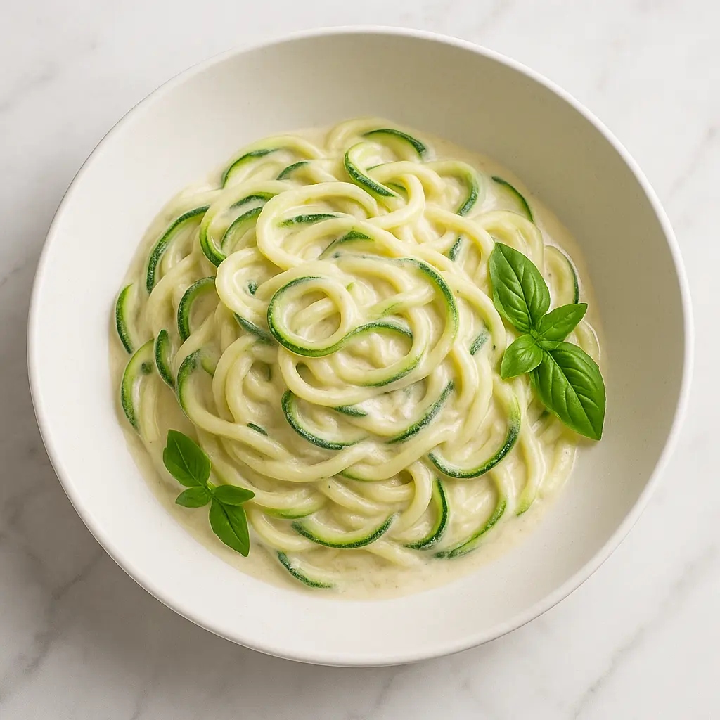 zucchini_noodles_creamy_sauce_modern_serving Zucchini noodles in garlic cream sauce served in a modern bowl