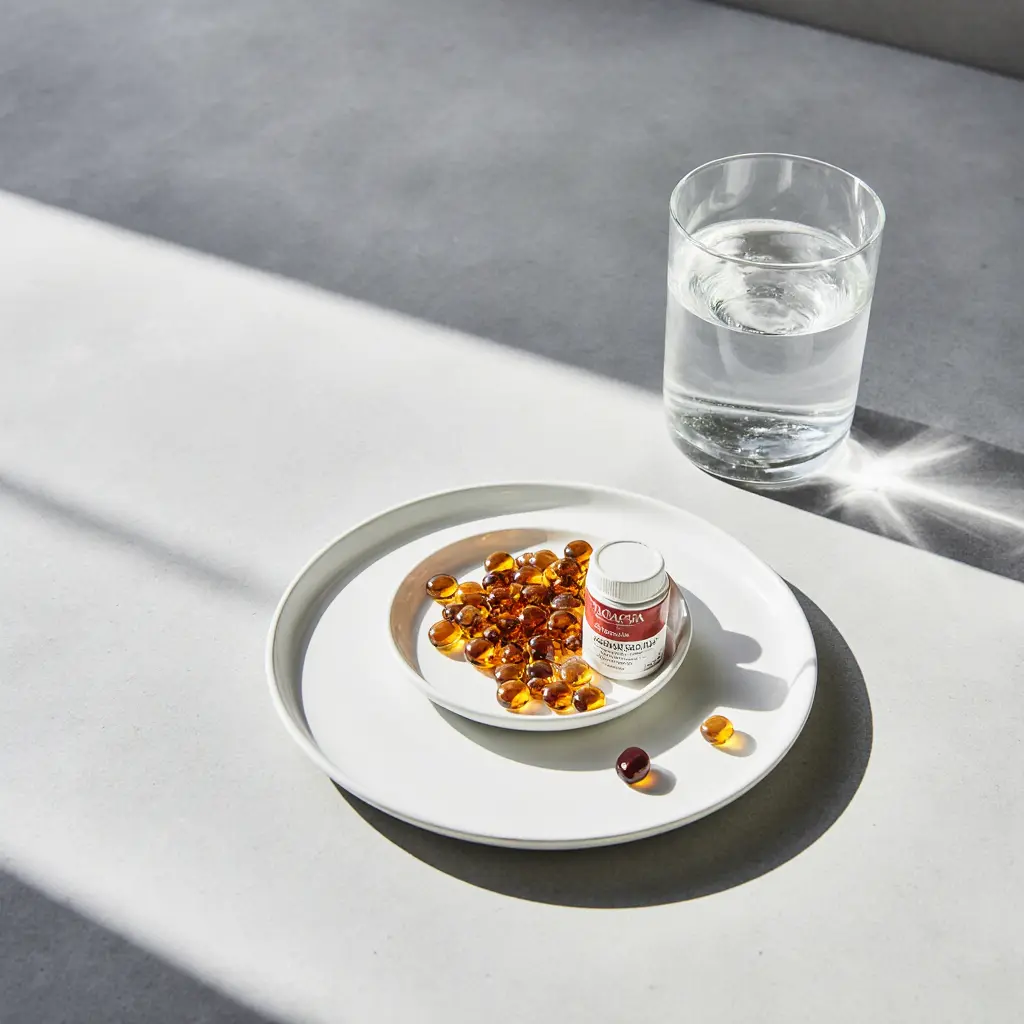 Omega‑3 capsules on ceramic plate with water