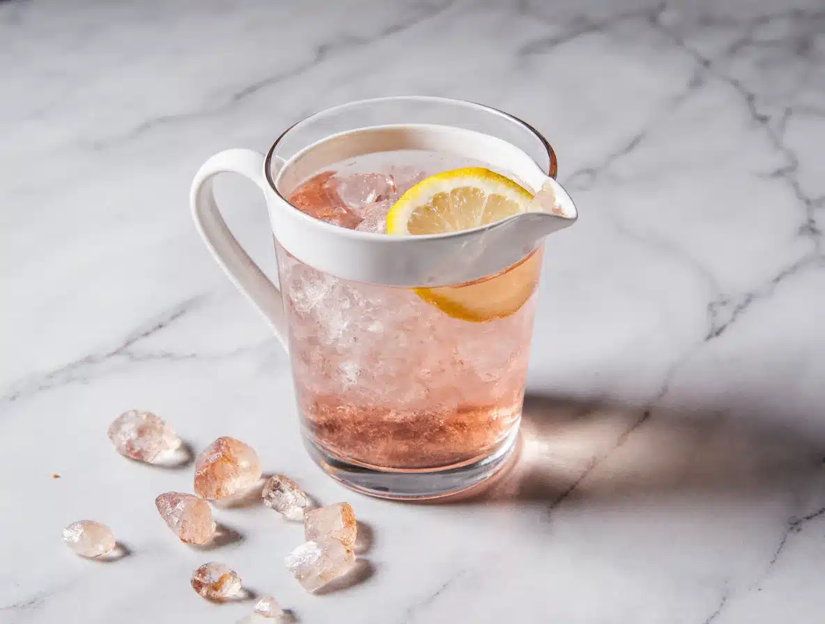 Pink Salt Trick Detox Water with Lemon in White Ceramic Glass