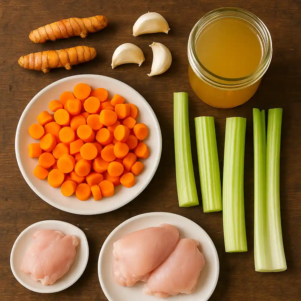 anti-inflammatory-chicken-soup-ingredients Flat lay of anti inflammatory chicken soup ingredients