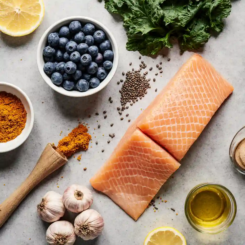 close-up anti-inflammatory foods including berries, salmon, and turmeric on clean marble
