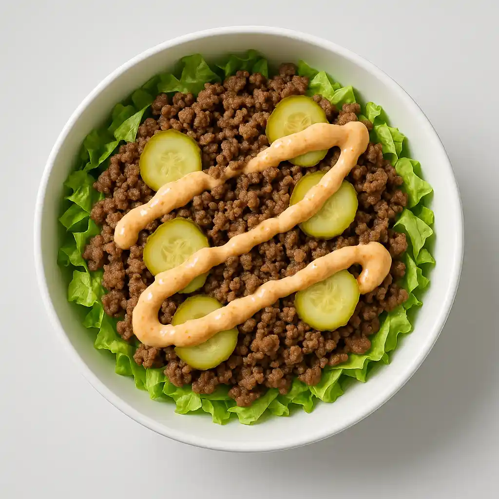 Big Mac Salad in white bowl with classic burger toppings