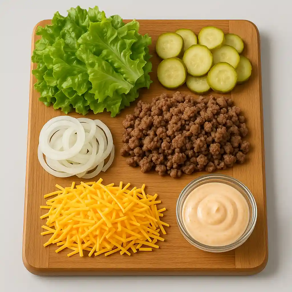 big-mac-salad-ingredients Ingredients for Big Mac Salad displayed on a board