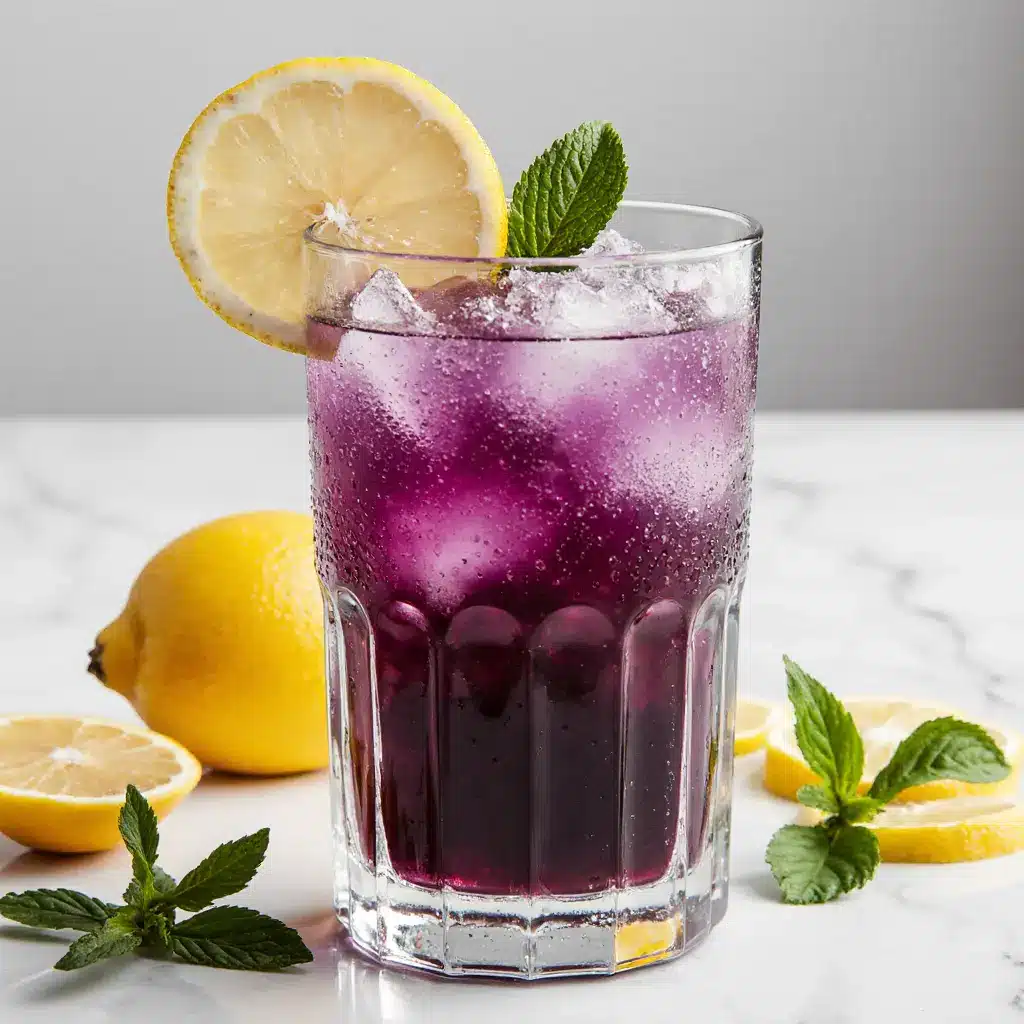 butterfly pea lemonade in a modern glass with citrus