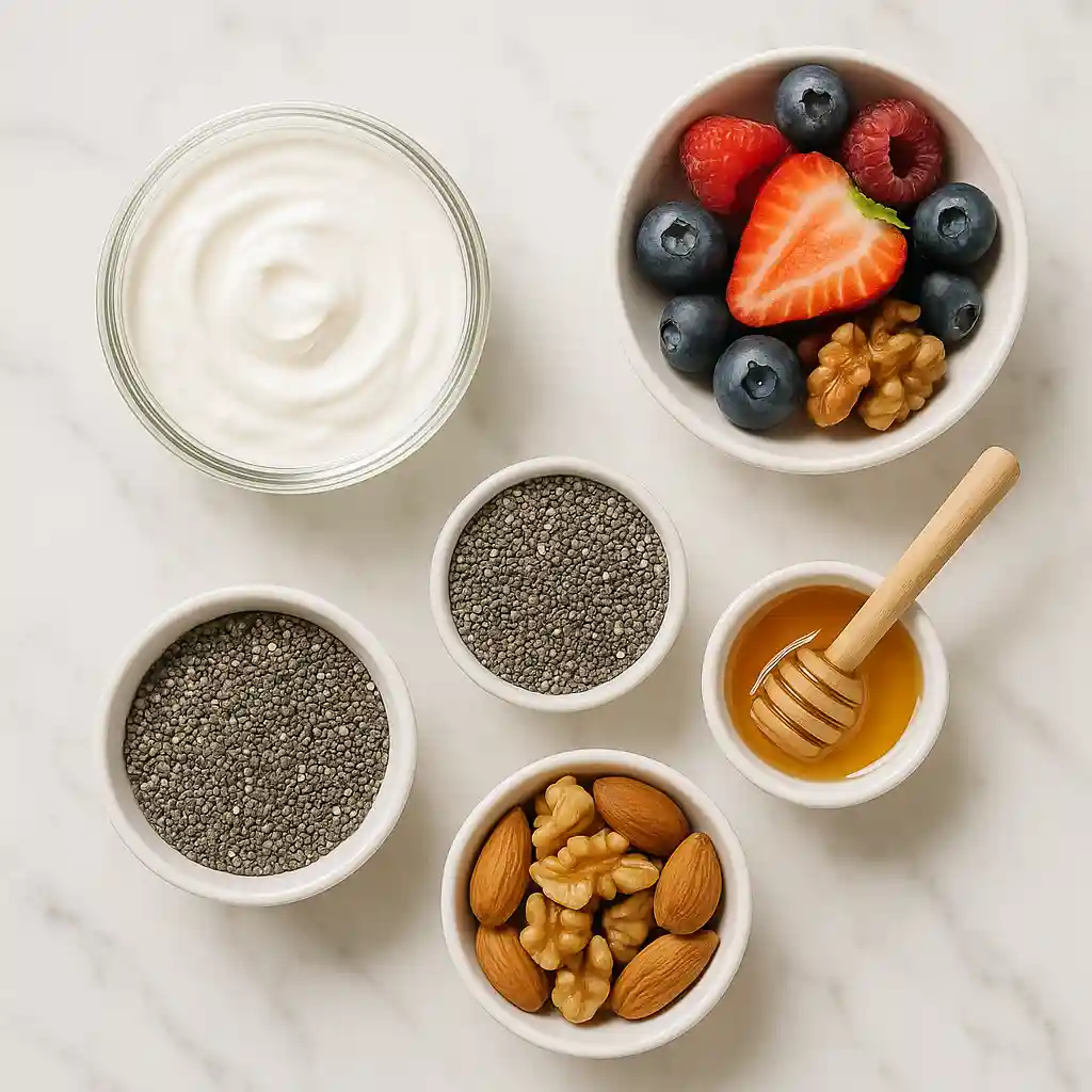 chia-yogurt-ingredients-flatlay chia seeds yogurt and toppings ingredients