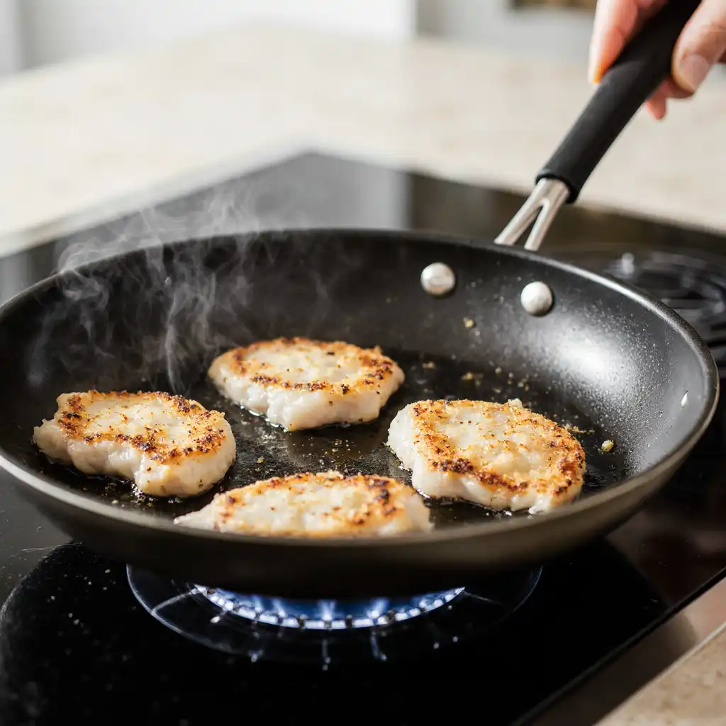 searing-chicken-lemon-butter Searing chicken cutlets for lemon butter chicken