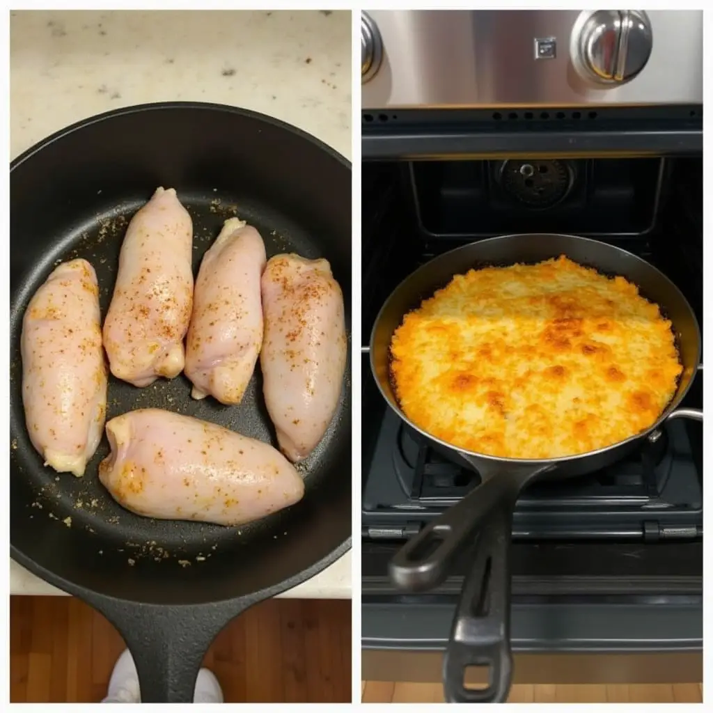 cooking-process-parmesan-chicken Before and after cooking parmesan crusted chicken