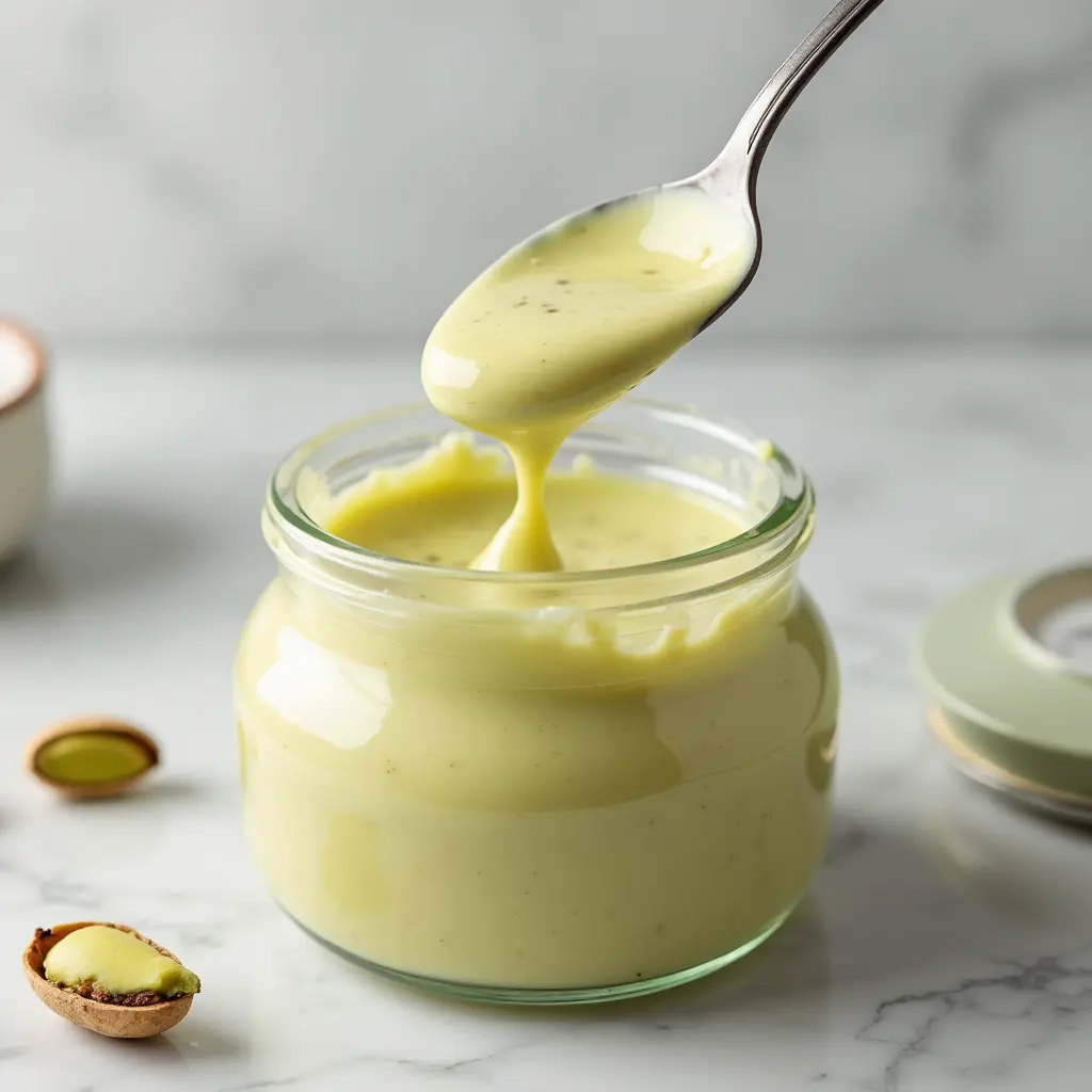 creamy-pistachio-butter-drip Spoon of creamy pistachio butter dripping into jar