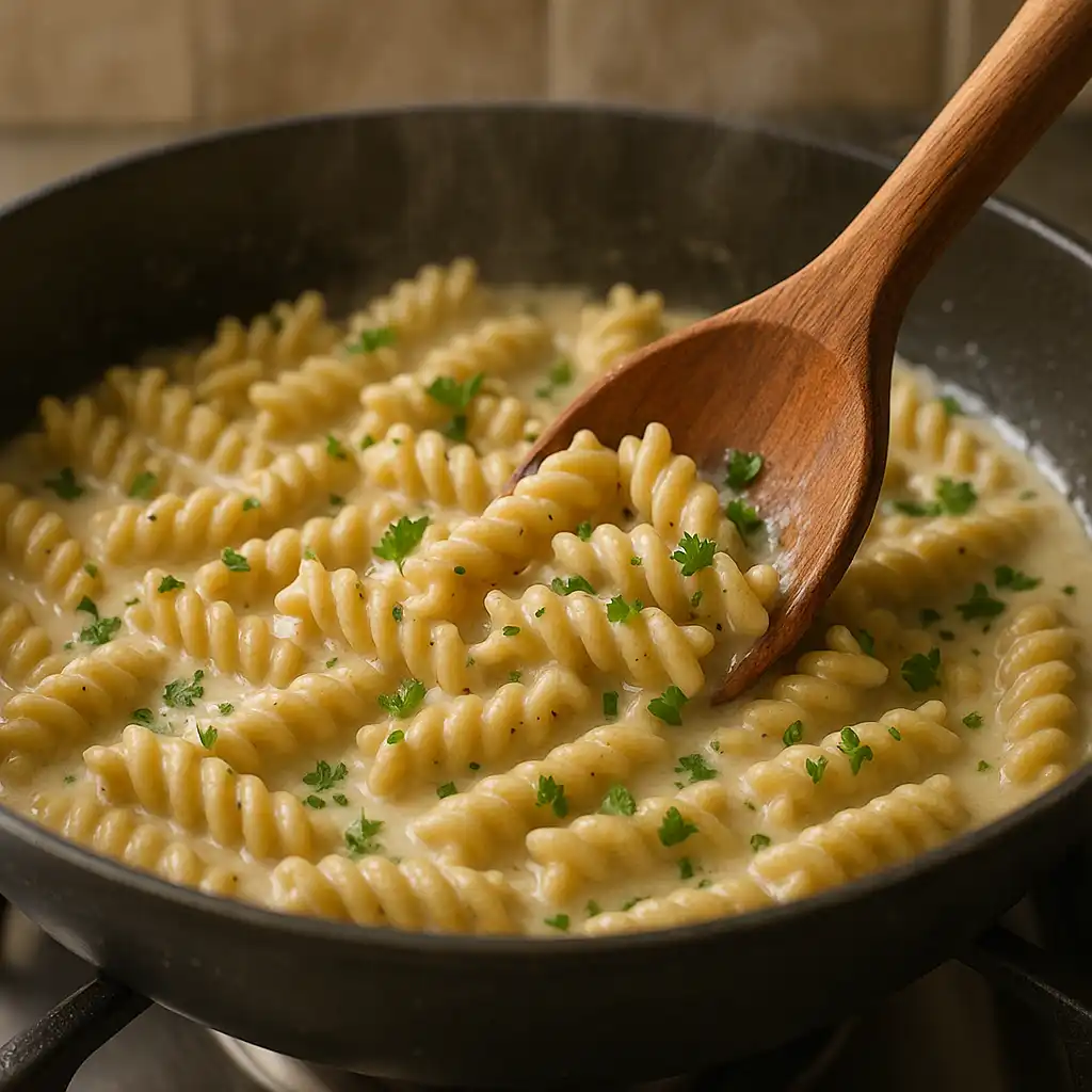 creamy_garlic_parmesan_rotini_step Creamy garlic parmesan low carb rotini in skillet