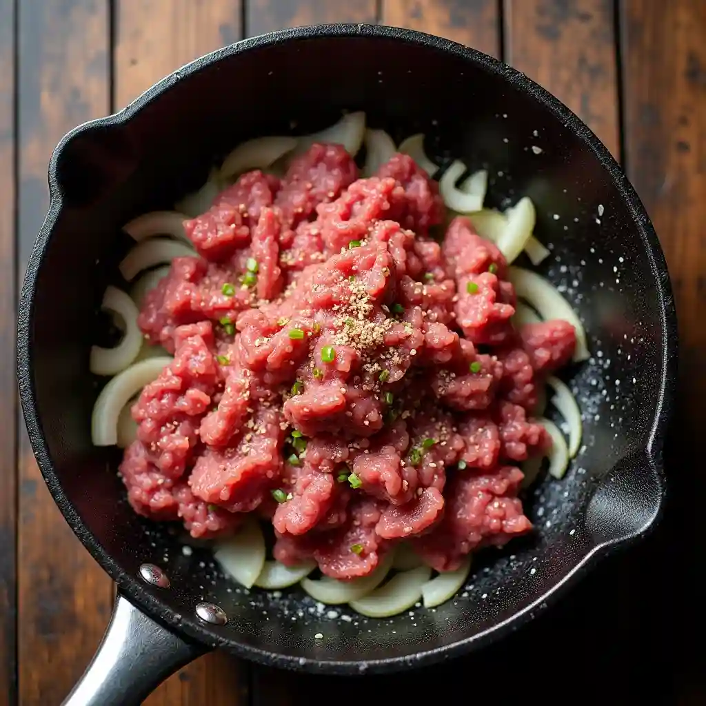 ground-beef-cooking-step Ground beef cooking in skillet with garlic and onions