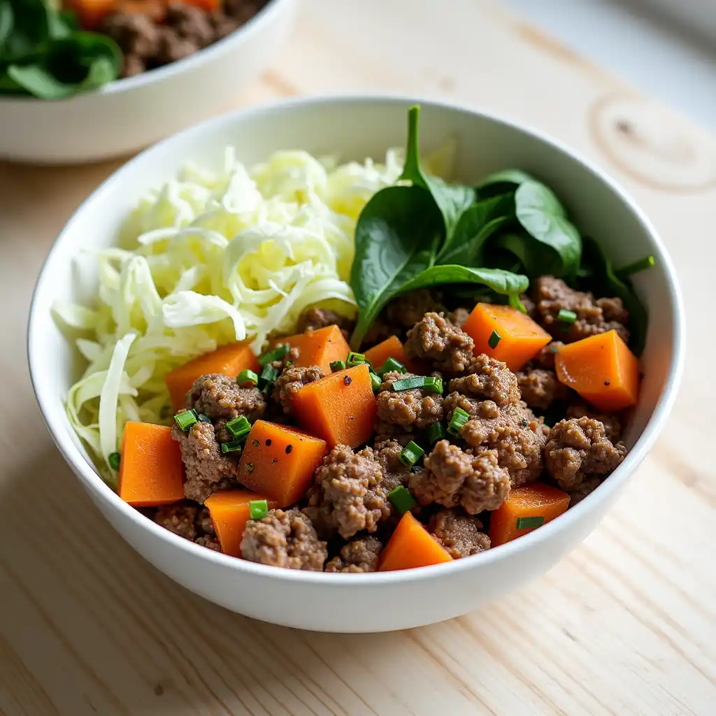 ground-beef-sweet-potato-nutrition-bowl Nutritious bowl of ground beef and sweet potato with cabbage and spinach