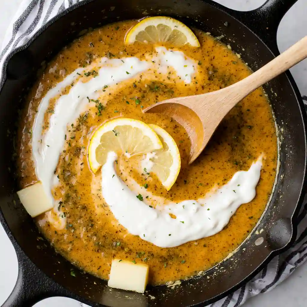 lemon-butter-sauce-preparation Making lemon butter sauce in pan