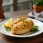 Parmesan crusted chicken in skillet with garnish