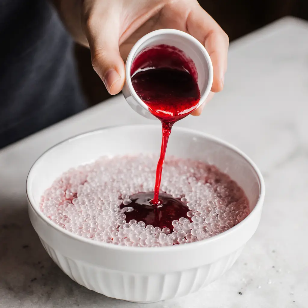 making-raspberry-pearls-step Raspberry pearl spherification process step