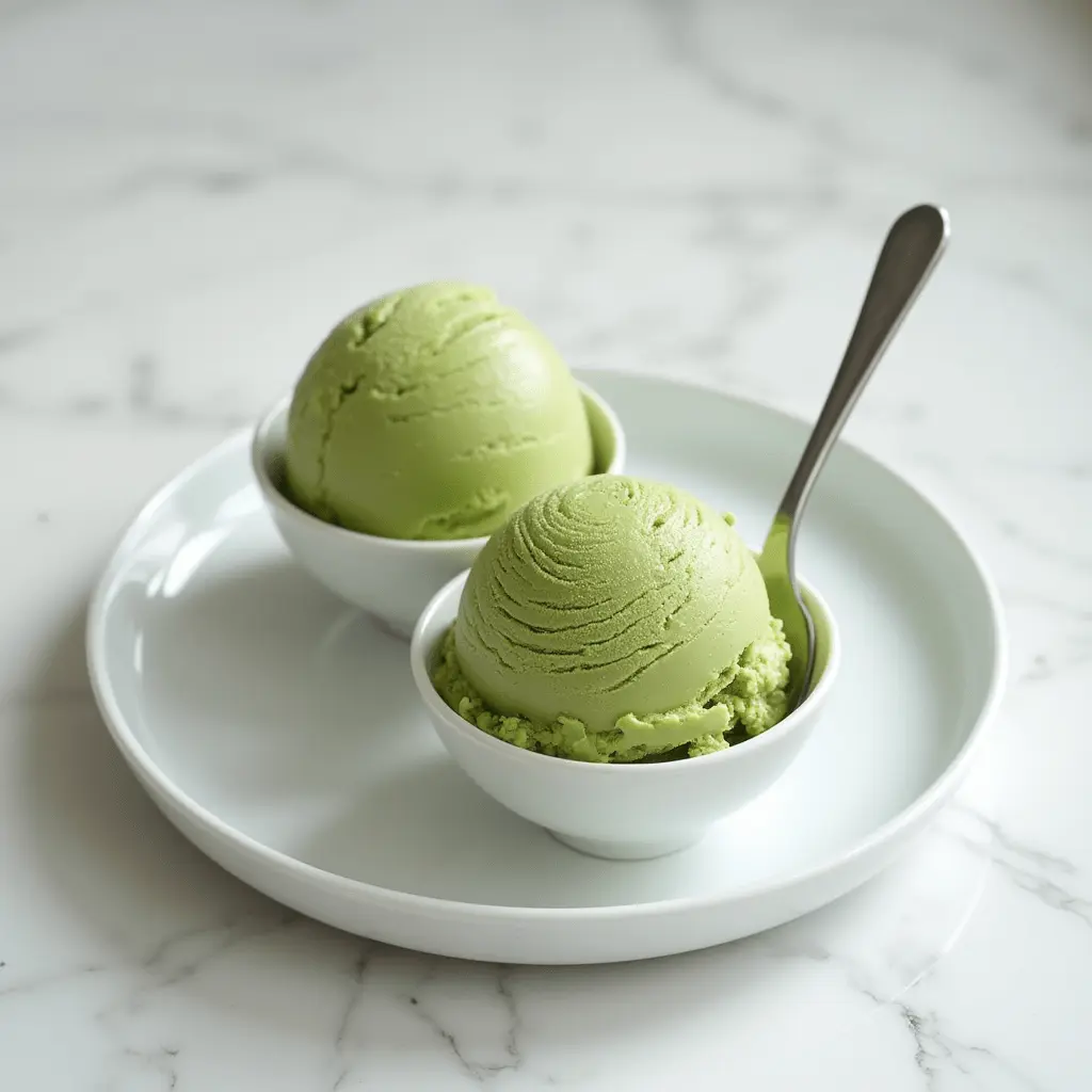matcha-ice-cream-modern-serving matcha ice cream scooped and served in modern dish