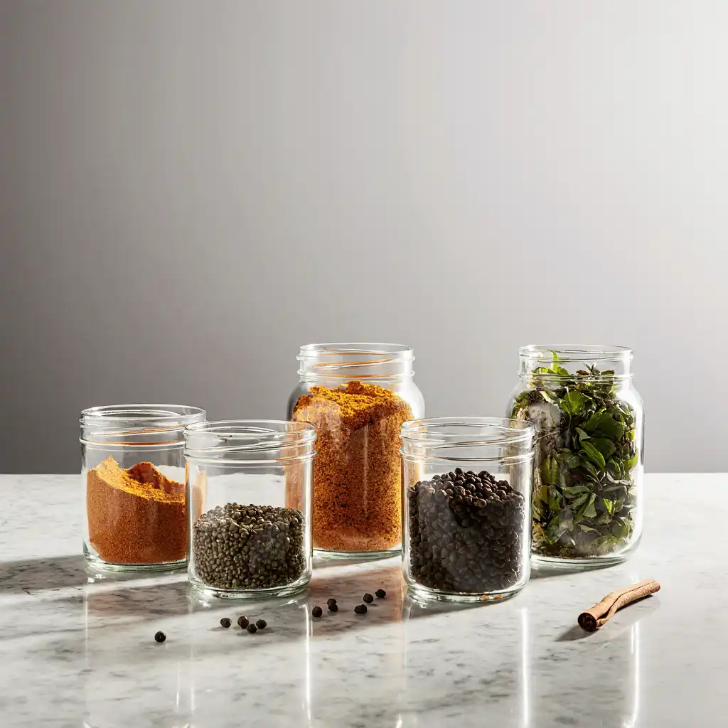 modern herbs and spices in glass jars