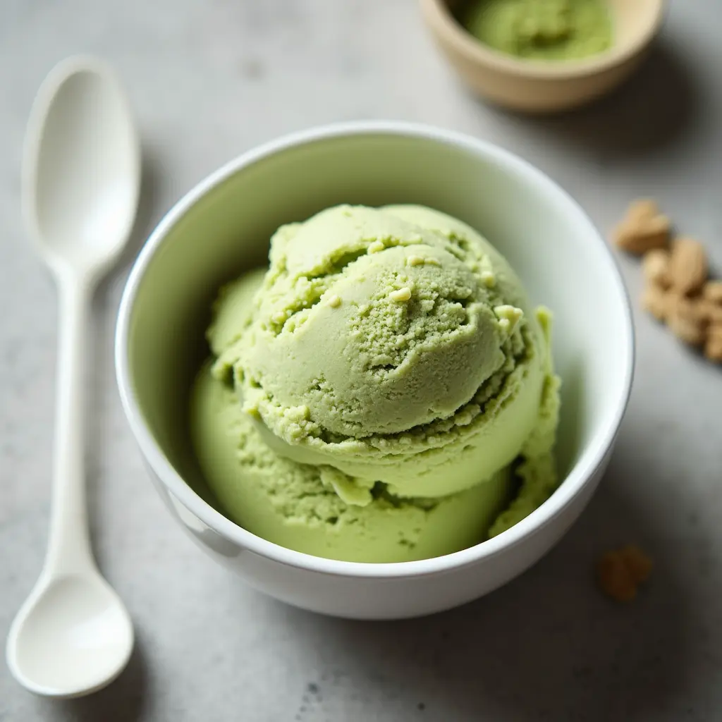 no-churn matcha ice cream recipe served in a modern dish