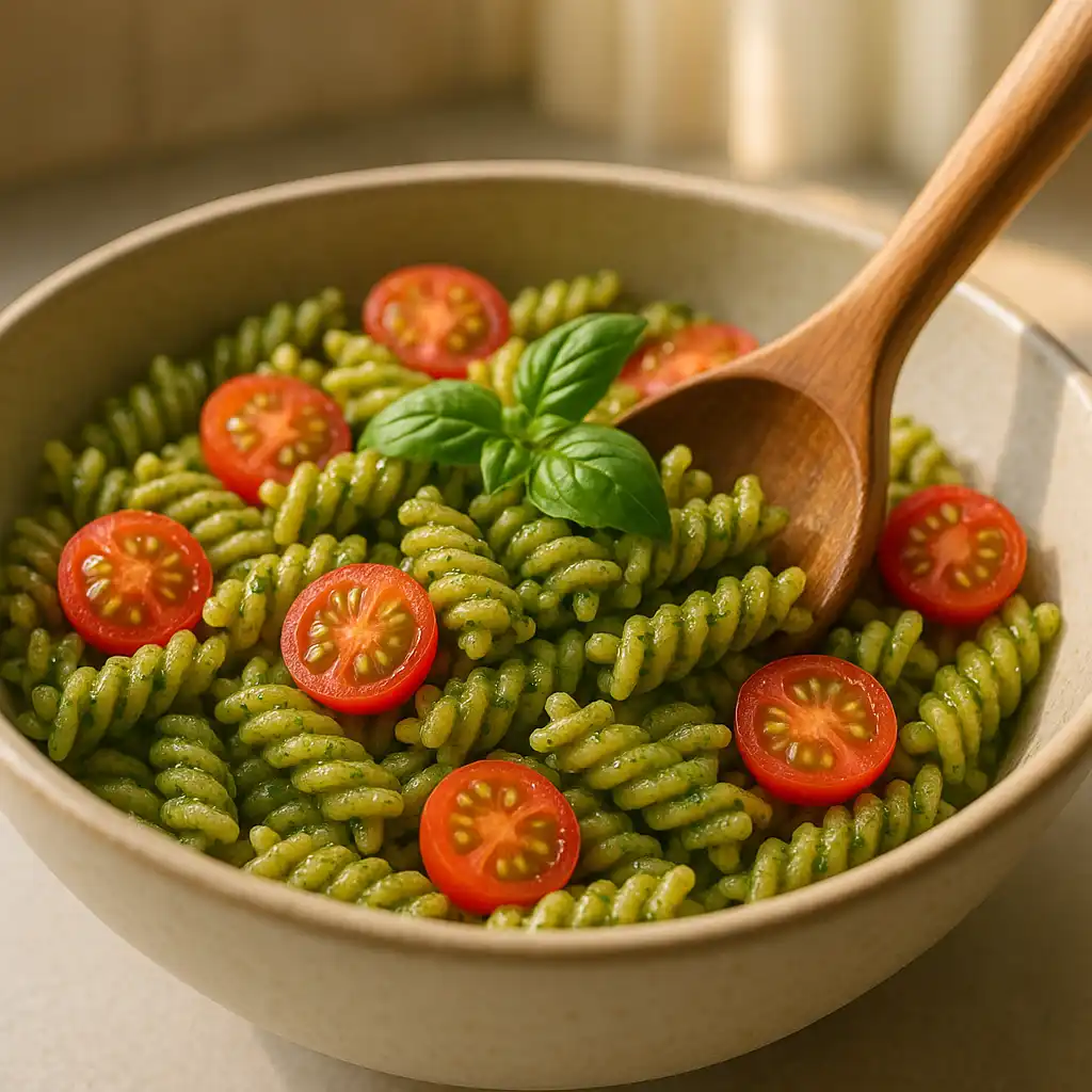 pesto_cherry_rotini_step Low carb rotini tossed with pesto and cherry tomatoes