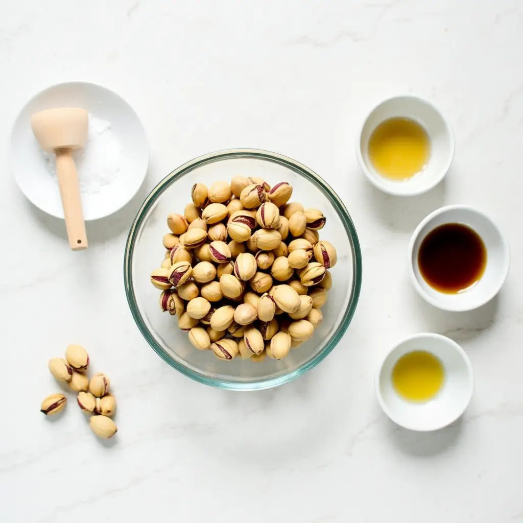 pistachio-butter-ingredients-flatlay Ingredients for pistachio butter on white surface