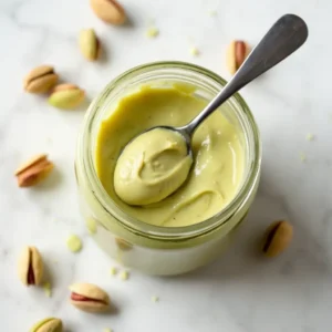 Creamy homemade pistachio butter in a glass jar