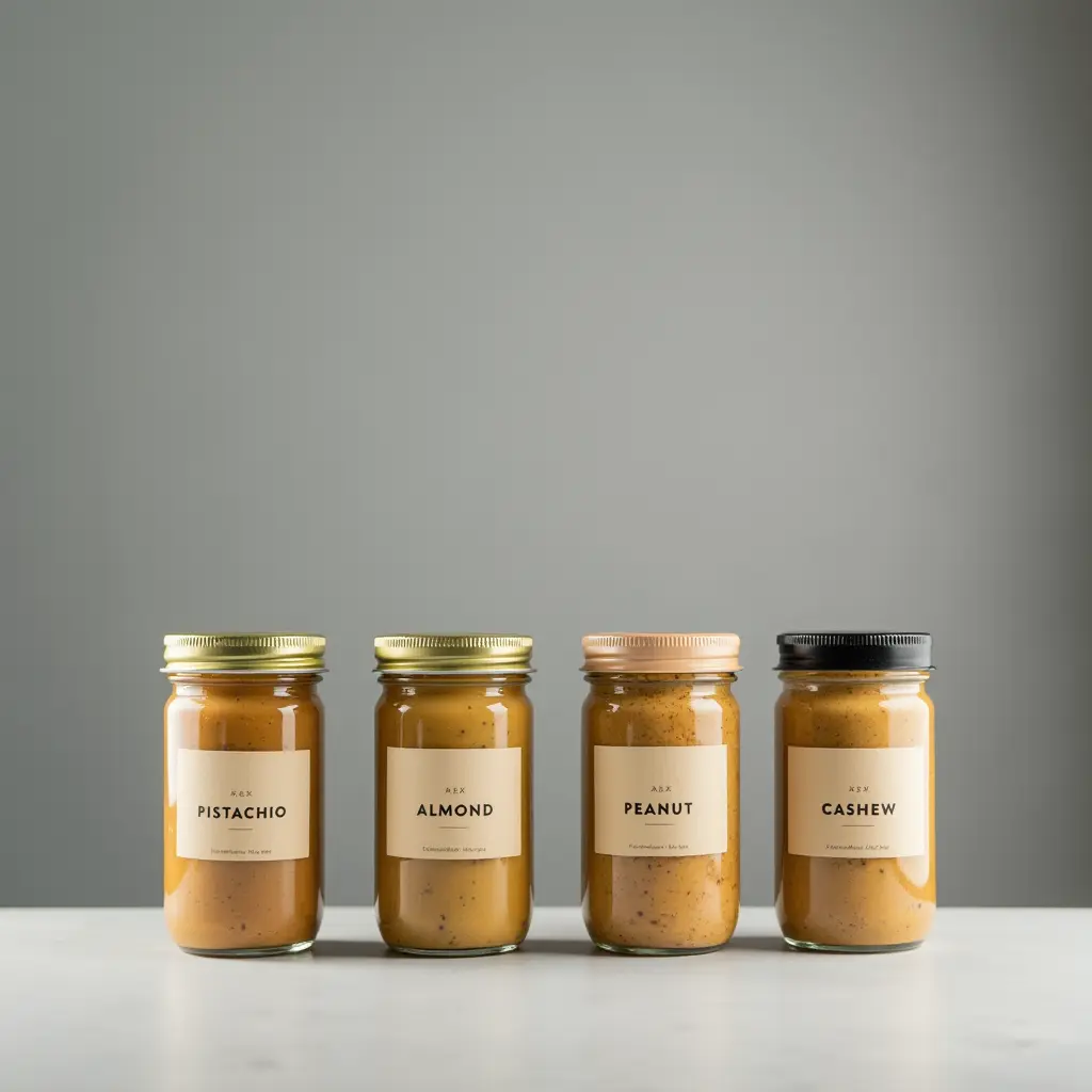 pistachio-vs-other-nut-butters Pistachio, almond, peanut, and cashew butters side by side