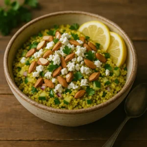 Turmeric quinoa salad topped with toasted nuts and crumbled feta