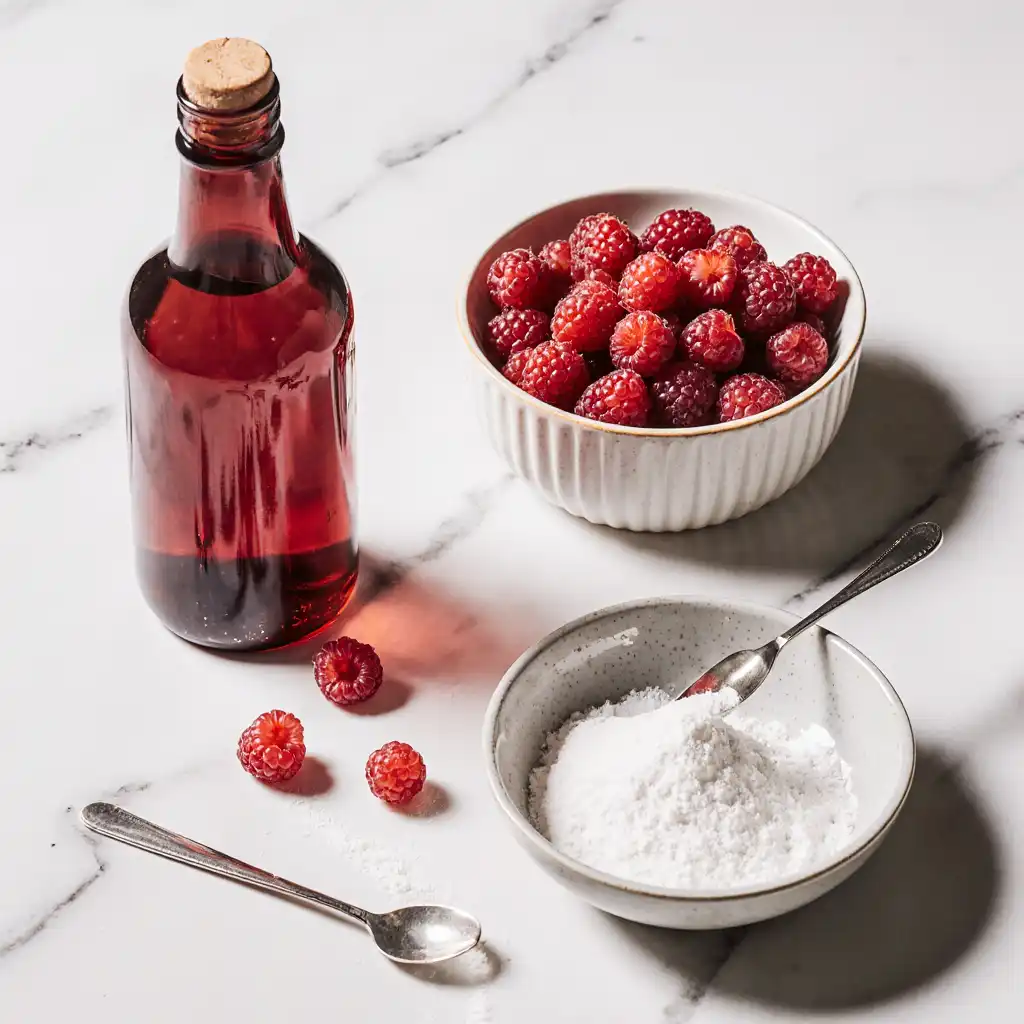 raspberry-pearls-dessert-drinks-ingredients Raspberry pearls ingredients on a white kitchen surface