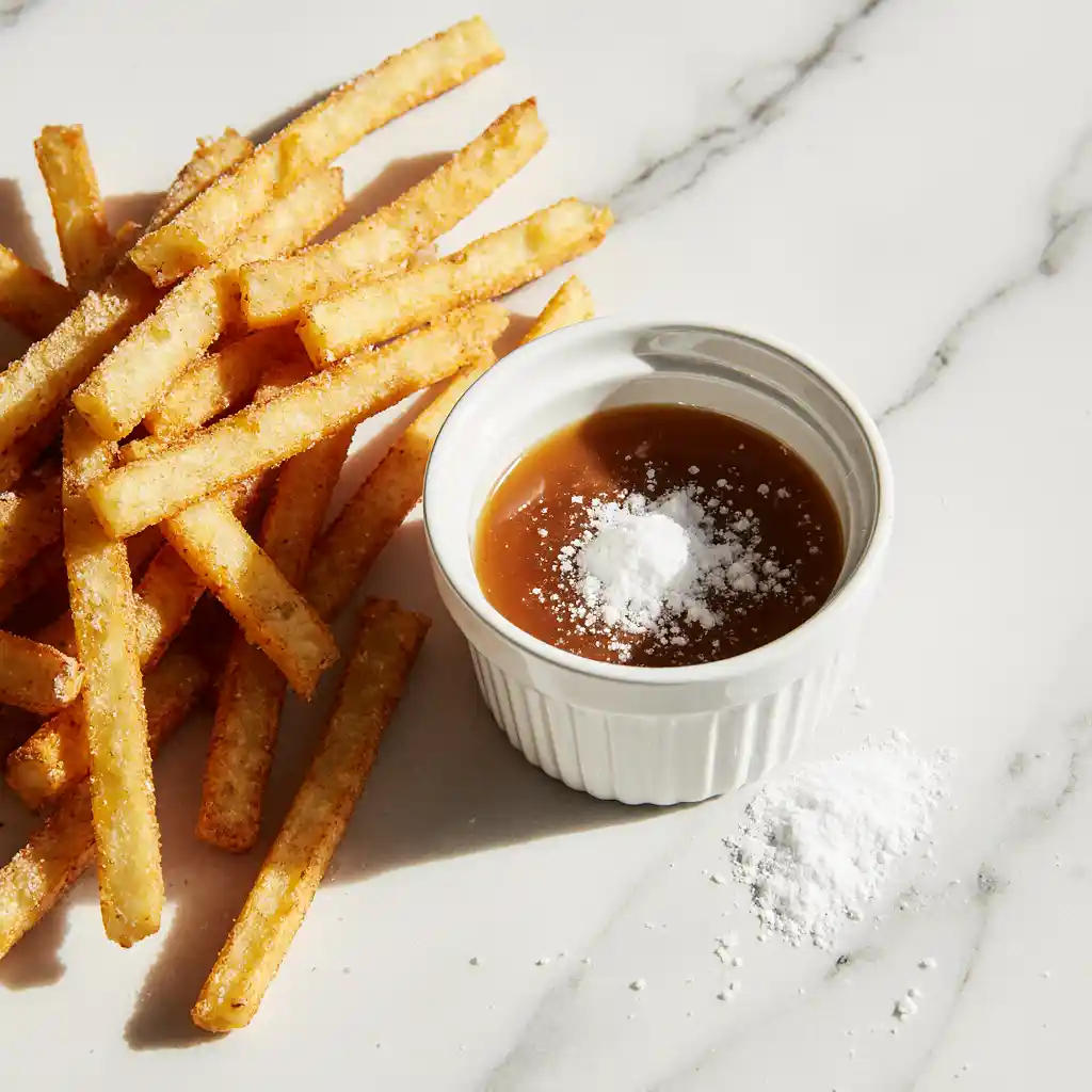 Salt and vinegar seasoning next to crispy fries