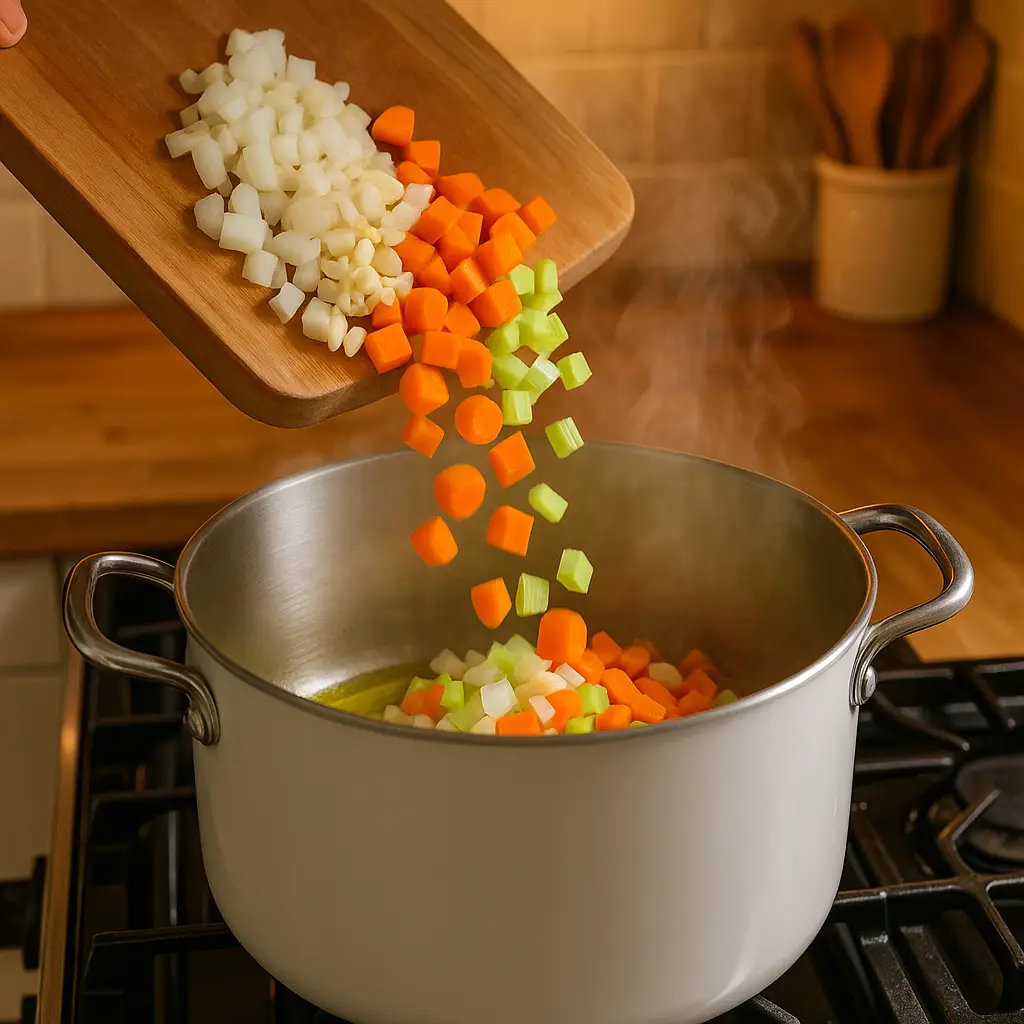 saute-vegetables-anti-inflammatory-soup Sauteing onions, garlic, carrots, and celery in pot