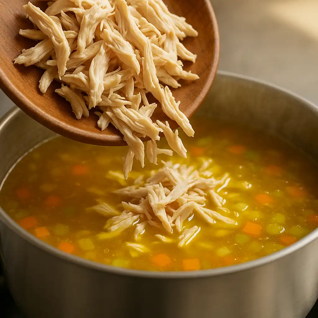 shredded-chicken-anti-inflammatory-soup Shredded chicken returning to soup pot