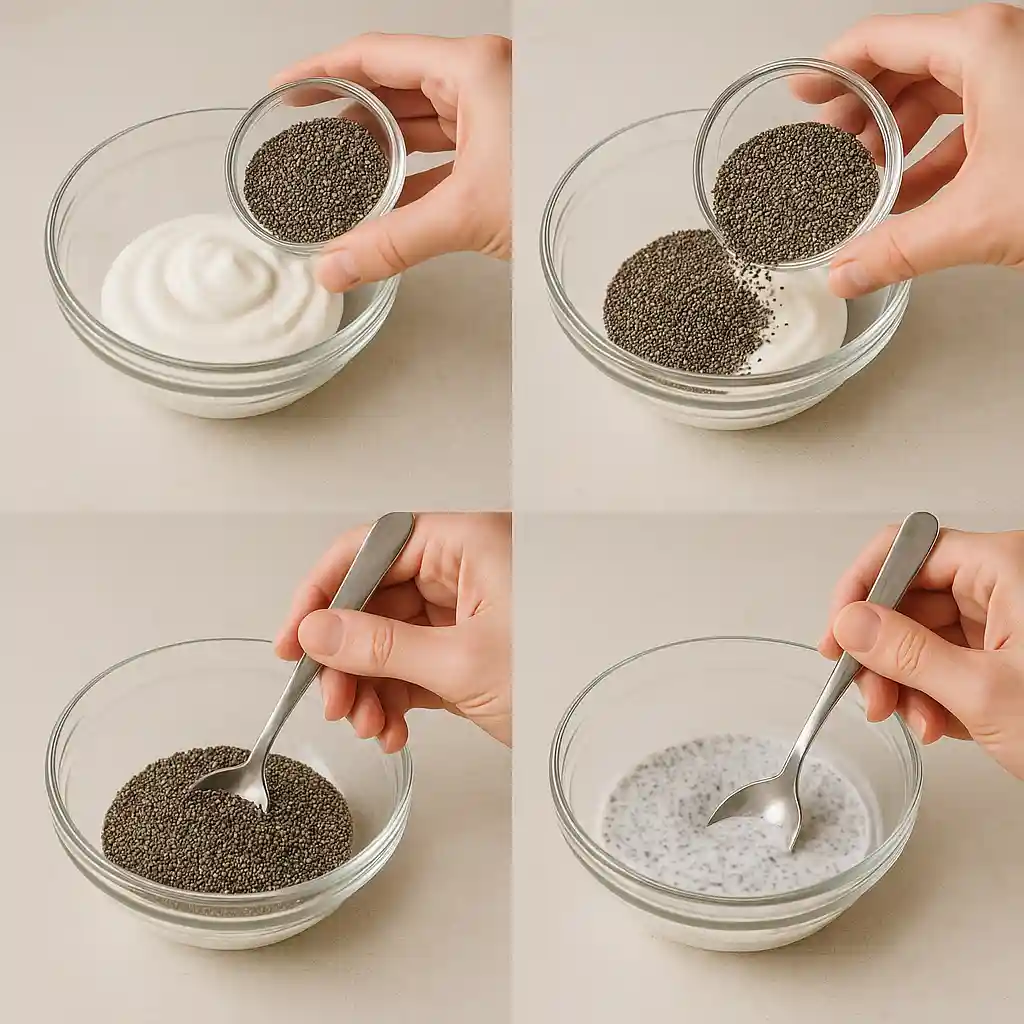 soak-chia-seeds-yogurt-steps step by step mixing chia seeds in yogurt