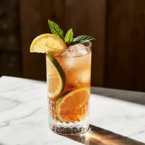 Sparkling tea served with ice and lemon