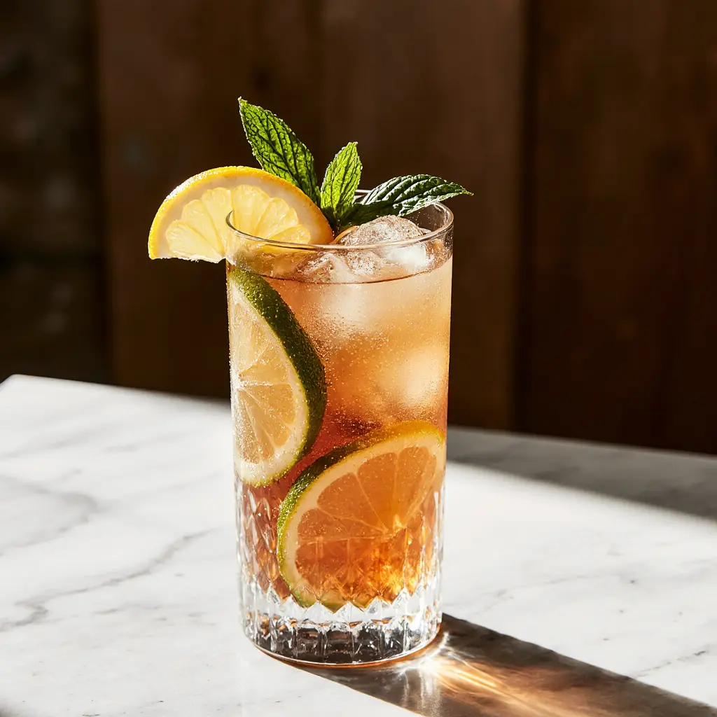 sparkling-tea-serving Sparkling tea served with ice and lemon