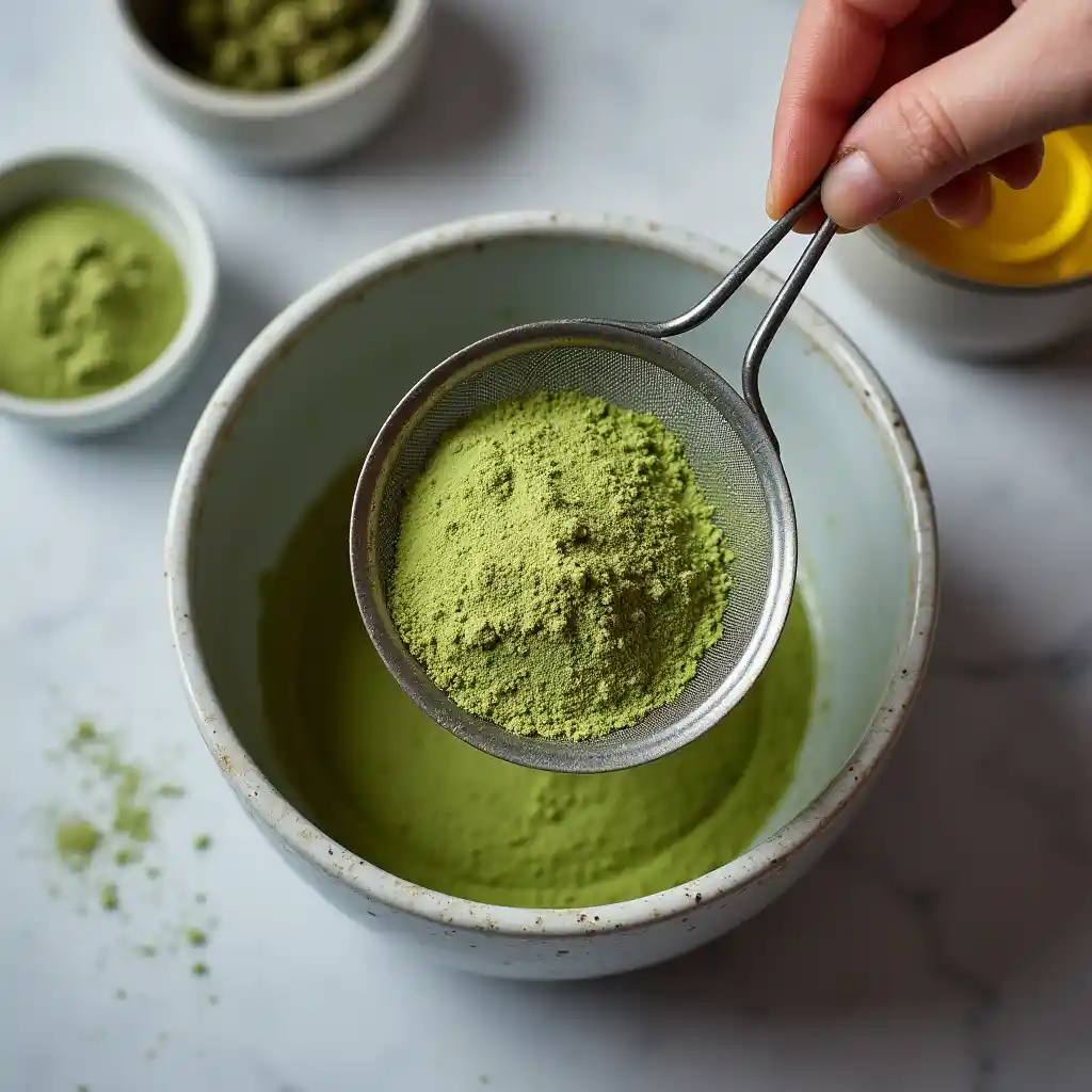 step1-modern-sift-matcha sifting matcha powder for no-churn ice cream in a modern bowl