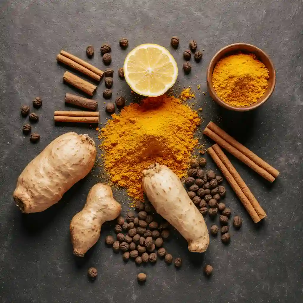 turmeric-ginger-modern-ingredients Herbs & Spices : turmeric ginger cinnamon and pepper on slate