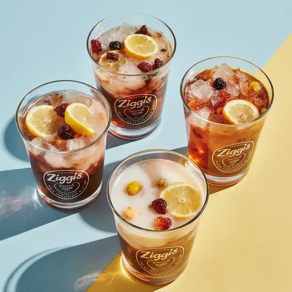 Assorted Ziggi’s soda flavors in clear cups with mix-ins